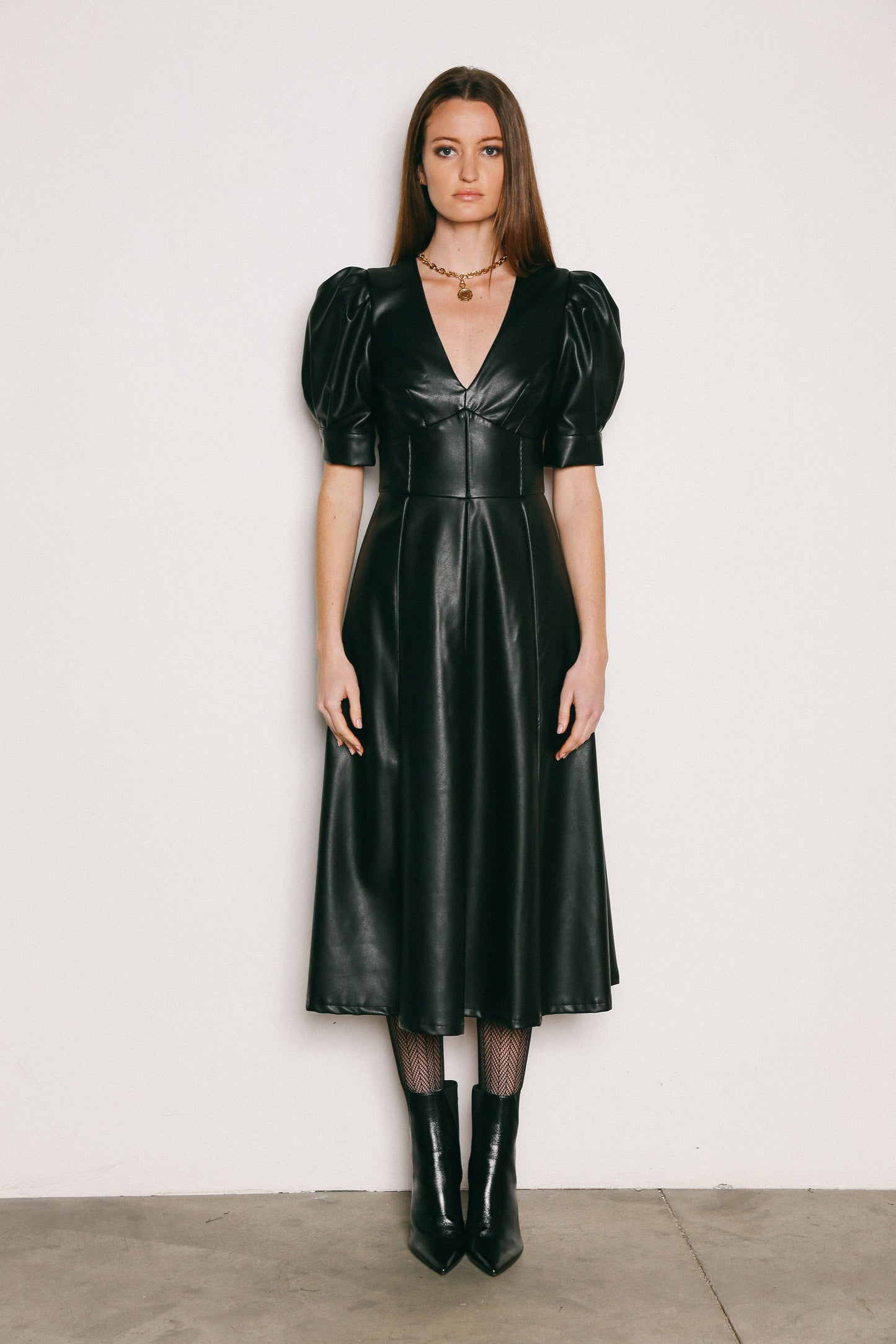 Puff Sleeve Midi Leather Dress