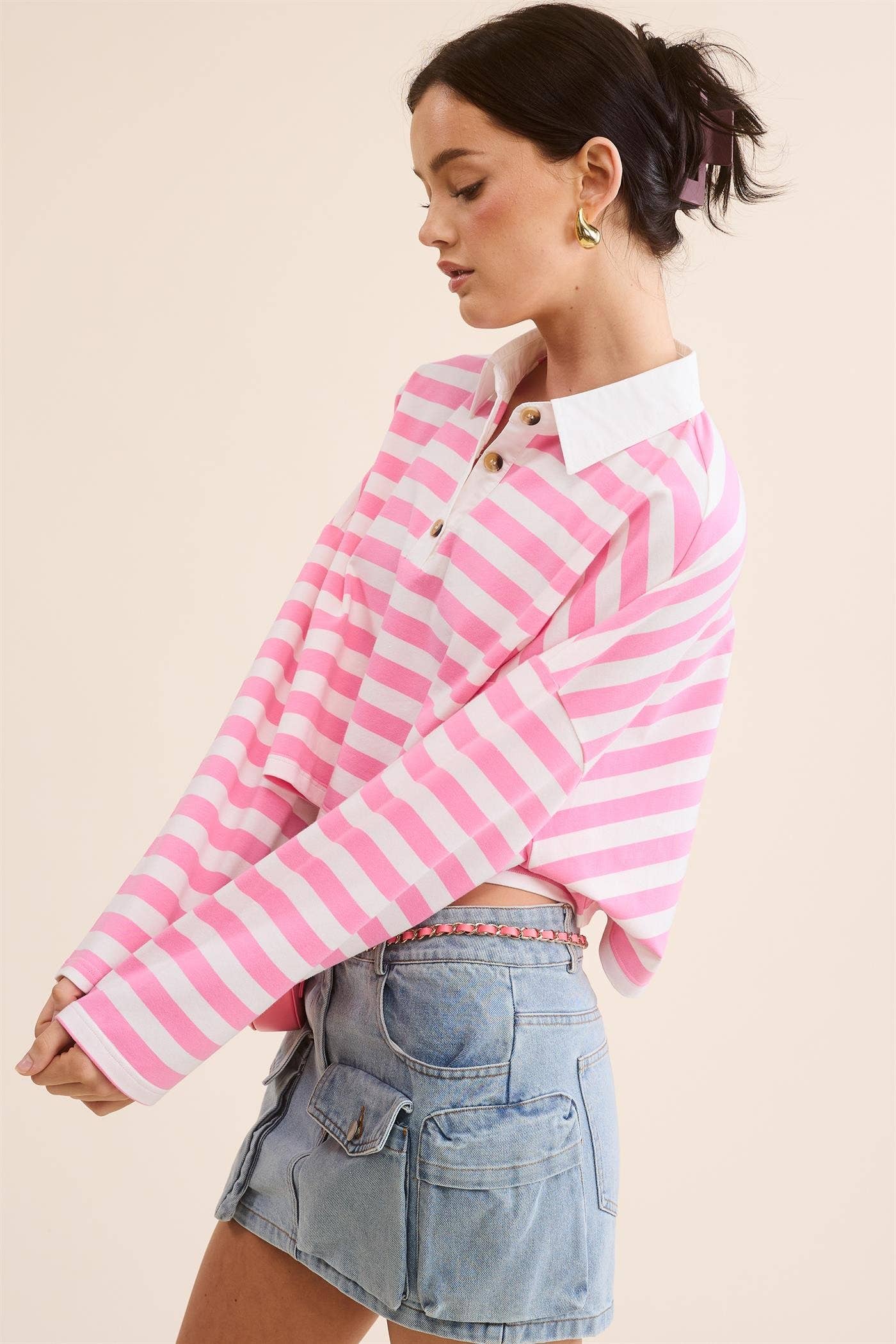 Pink Striped Cropped Polo