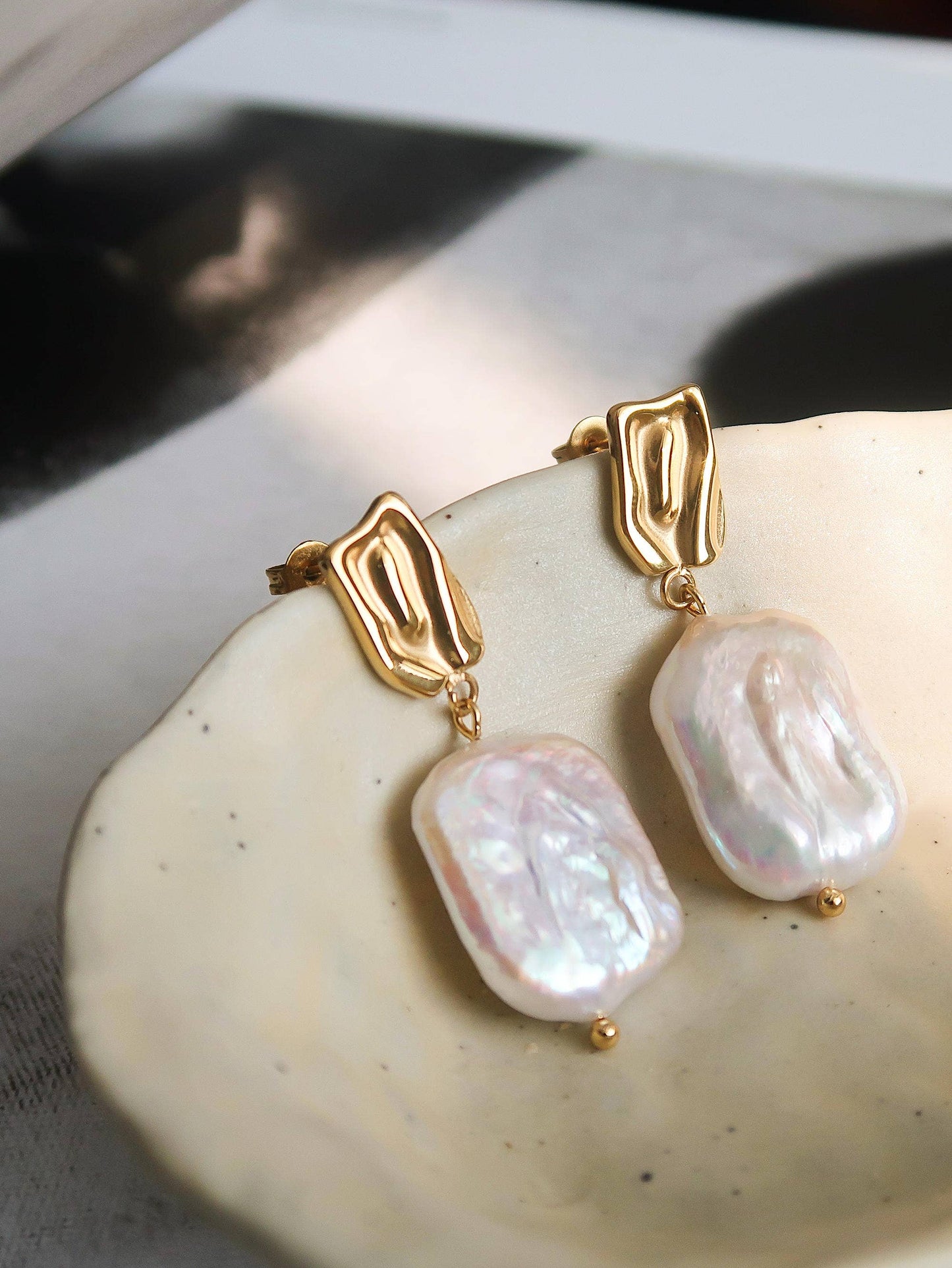 Charis Non-Tarnish Baroque Pearl Gold Earring: Yellow Gold