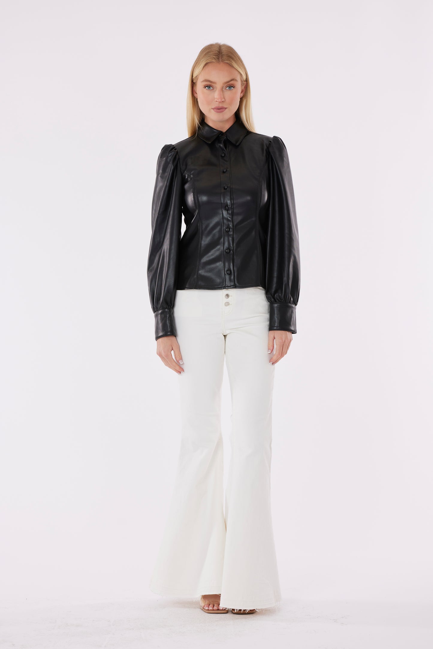 Vegan Leather Puff Black Shoulder Top