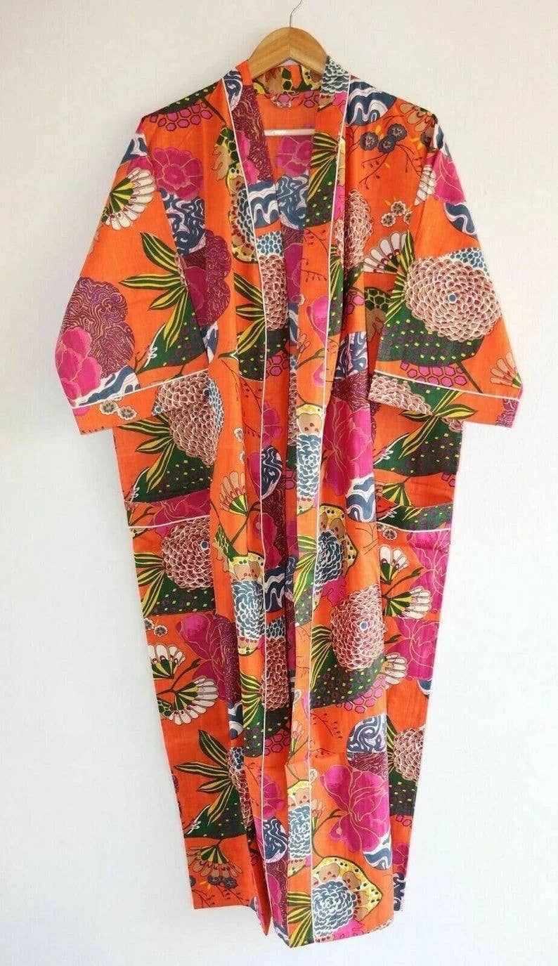 Orange Floral Kimono Robe