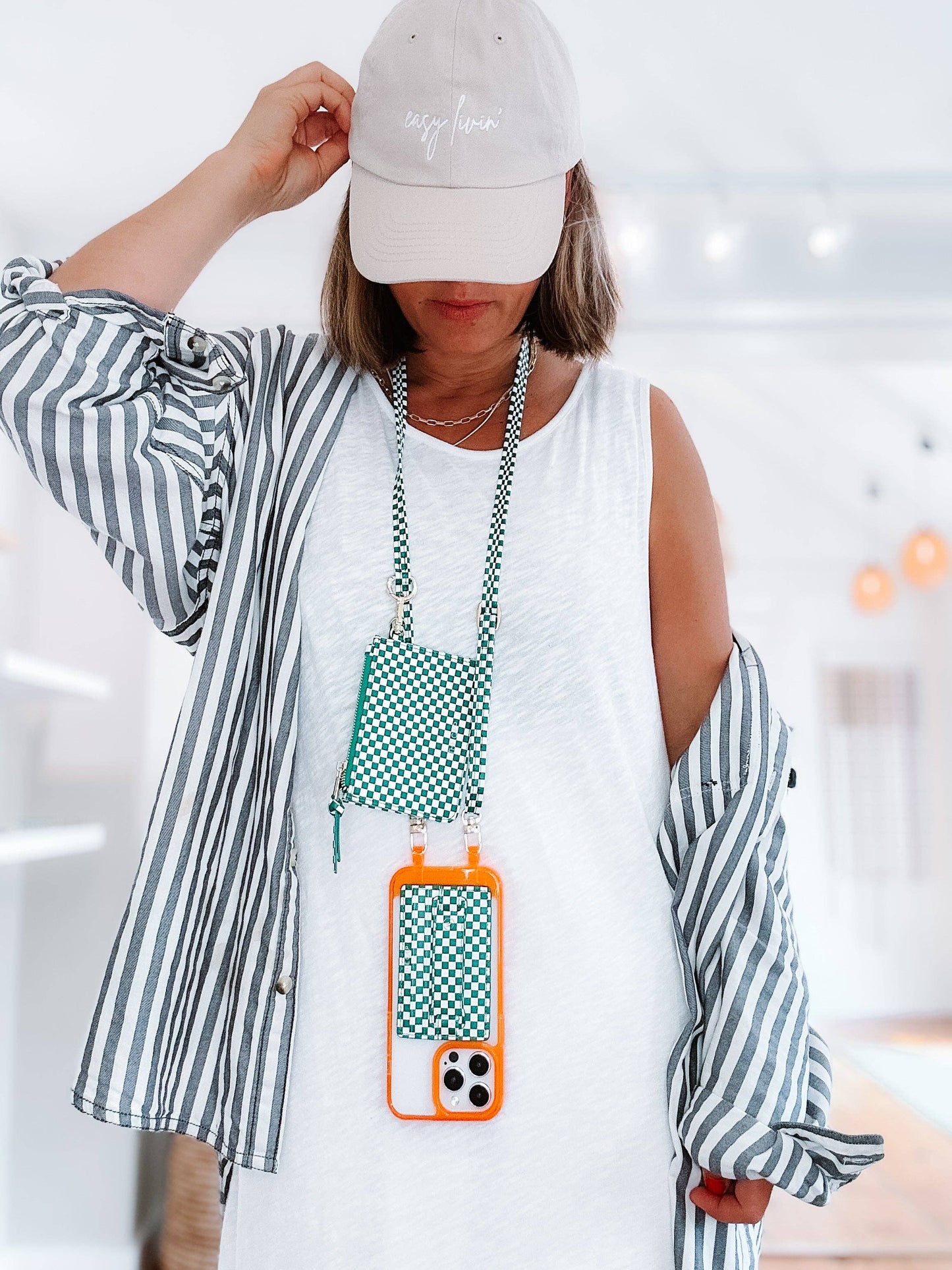 Single Green Checkered Phone Strap: Wristlet (14.5 inches)