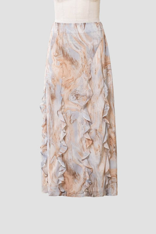 Marble Print Chiffon Ruffle Midi Skirt