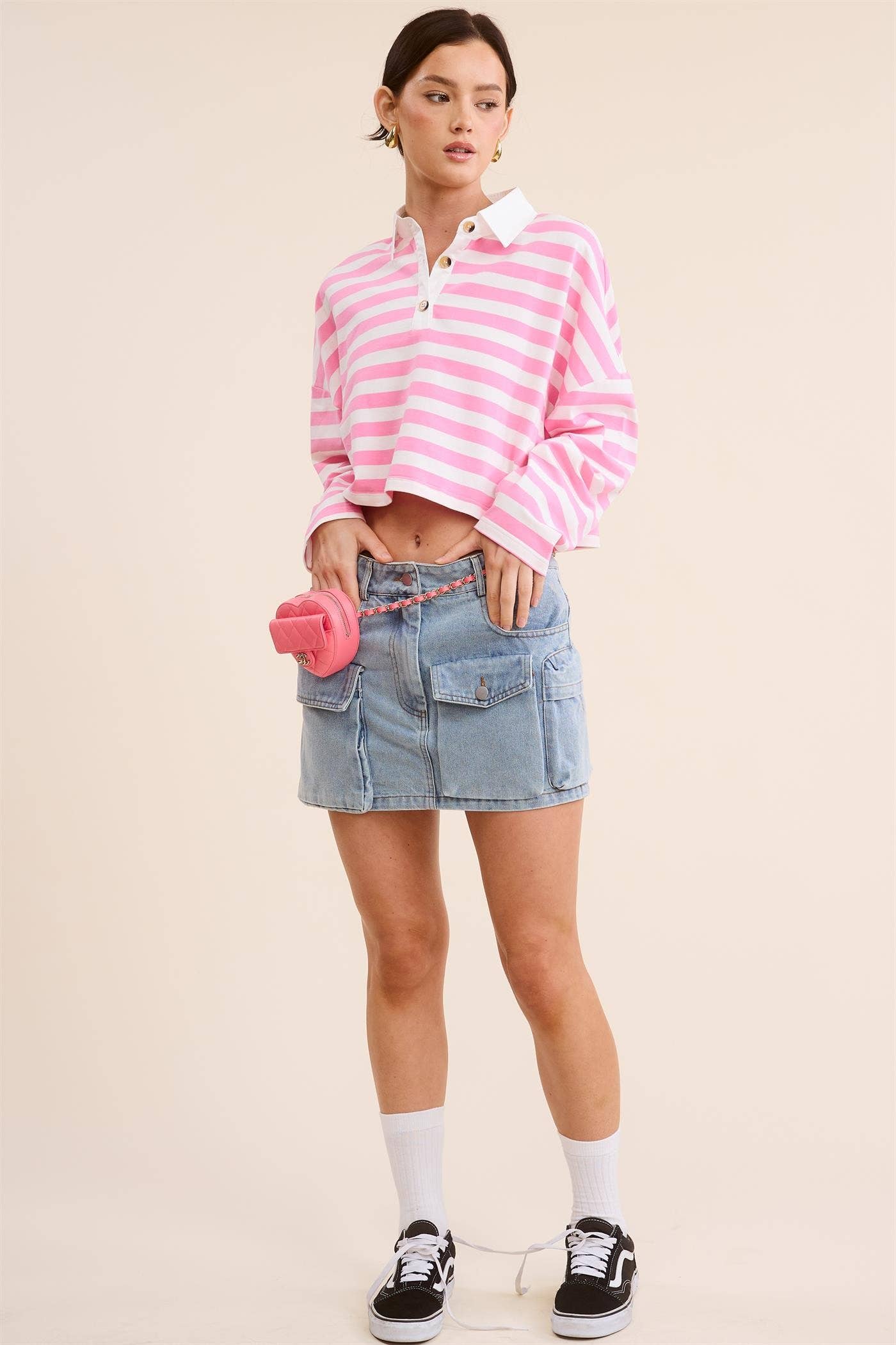 Pink Striped Cropped Polo