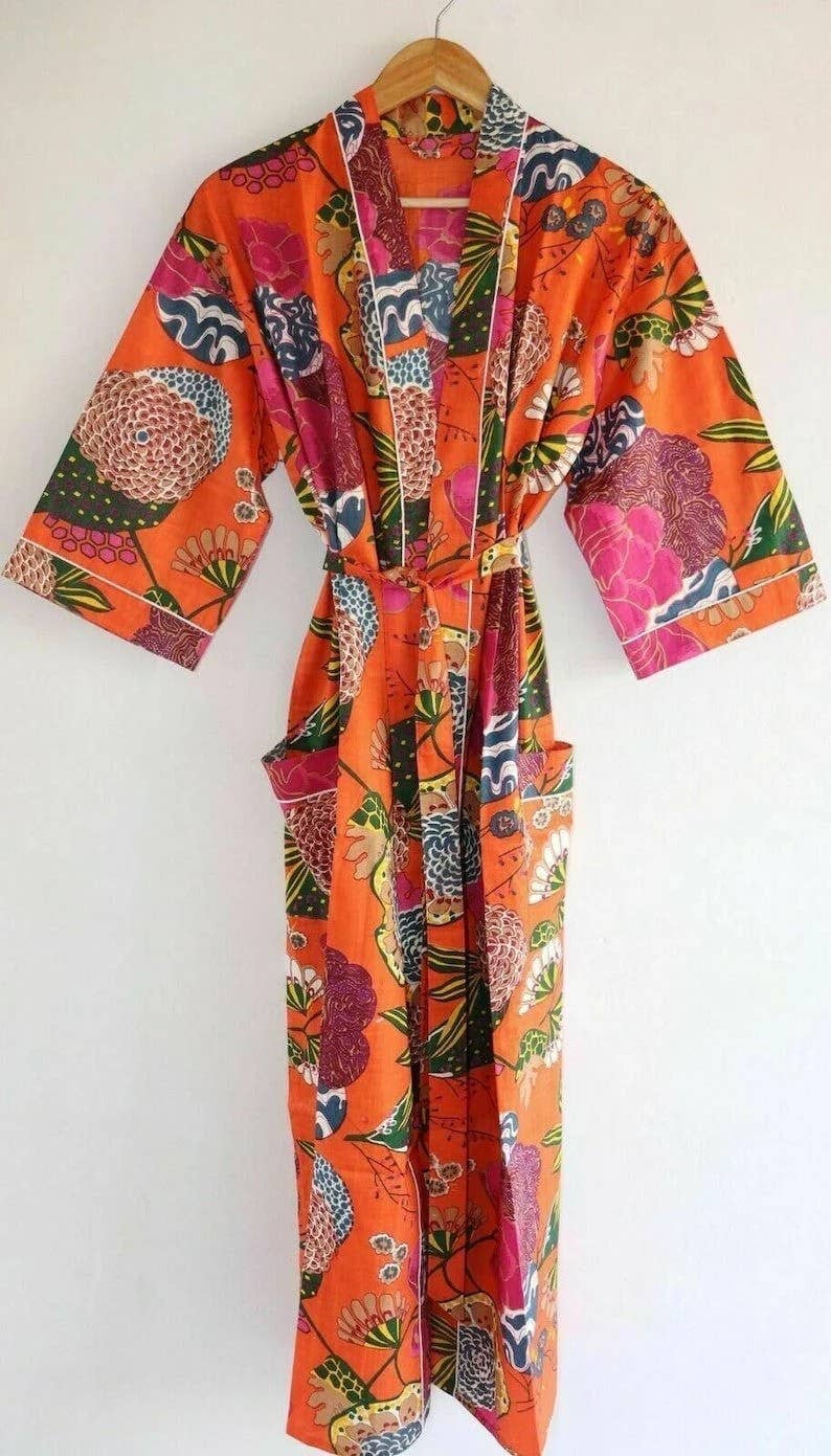 Orange Floral Kimono Robe