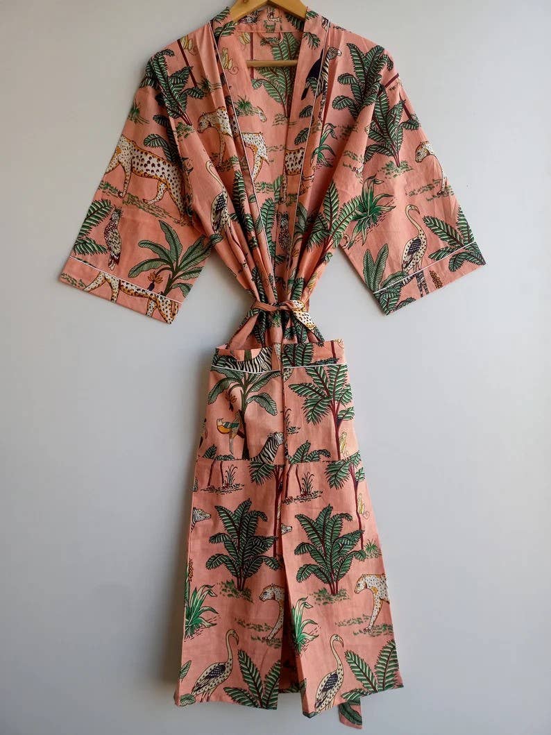 Floral Leaf Print Kimono Robe