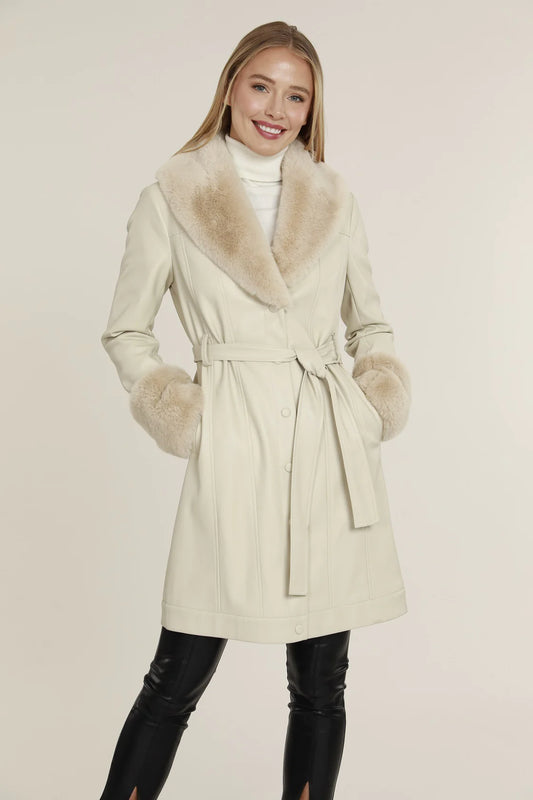 Faux Fur Belted Coat-Beige