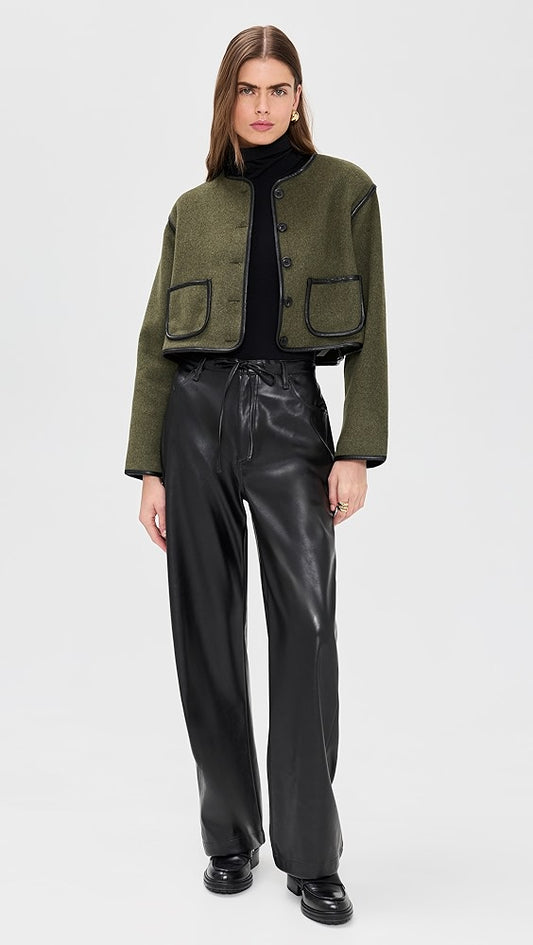 Olive Faux Leather Trim Jacket